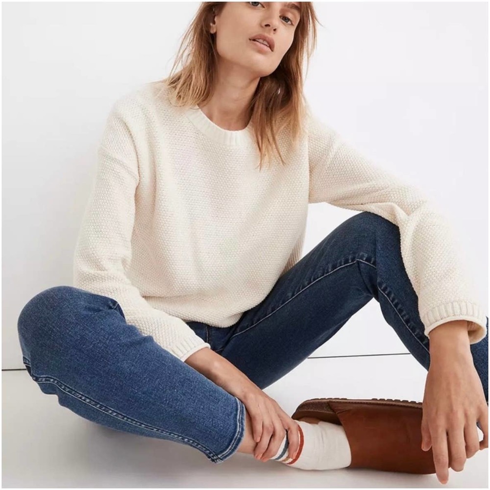 Madewell Seagrove Waffle Knit Cream Crewneck Pullover Sweater Size L